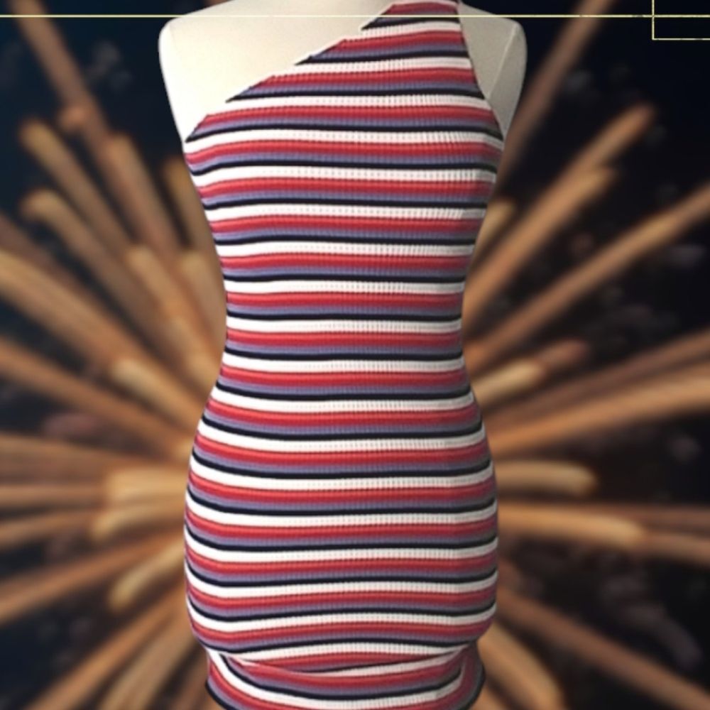 Zara Dress One Shoulder Mini Striped Stretchy Ribbed Body Con Summer Par… - Picture 15 of 16